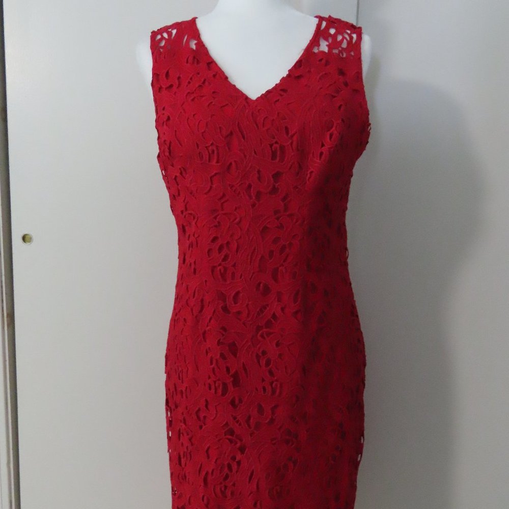 Tahari Red Lace Sheath Dress, Size 8